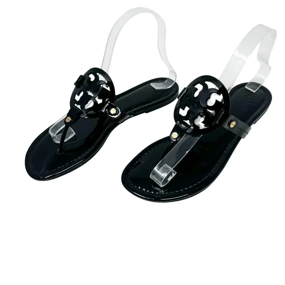 Tory Burch Miller Sandal Black Patent Leather Logo Medallion Thong Flat Size 8
